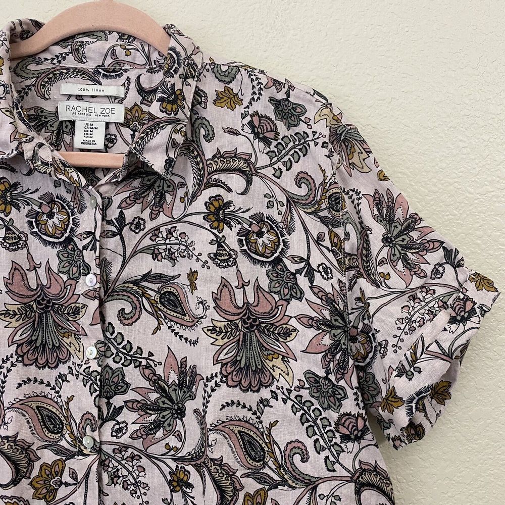 Rachel Zoe Shirt Womens Medium Linen Boho Floral Paisley Pink Button Front - Picture 3 of 7